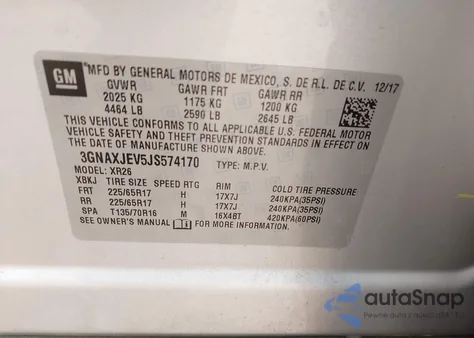 2018 Chevrolet Equinox Lt z USA, uszkodzony, nr VIN 3GNAXJEV5JS574170